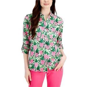 Charter Club Luxury Linen Bright Pineapple Print Roll Tab Sleeves Size Medium